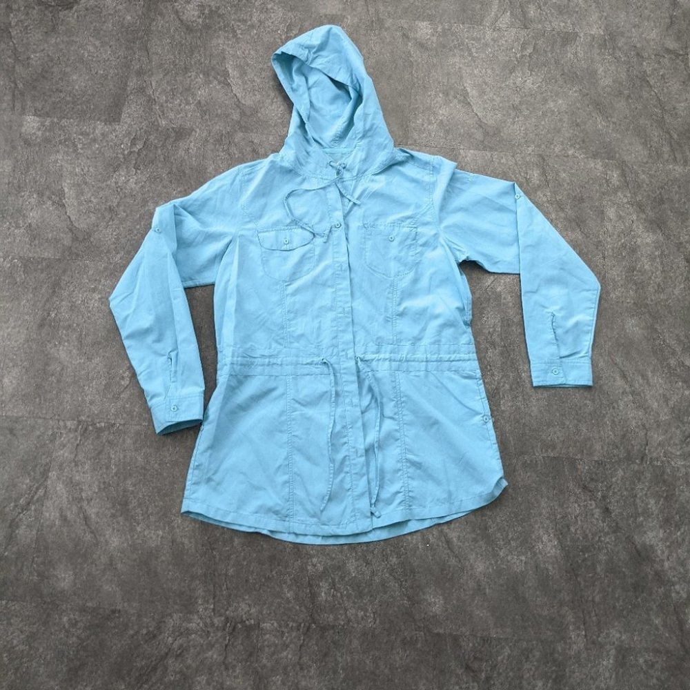 Kathmandu buzzGAURD longline button up shirt jacket with hood and tie waist